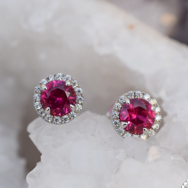 1.5 ctw Ruby Halo Earrings, Red Stud Earrings,Halo Earrings, Wedding Earrings,Lab Grown Ruby, Ruby Wedding gift,Bridal Earrings