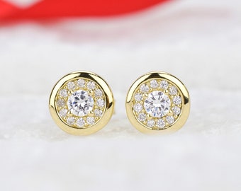 0.7ct Gold Stud Earrings, Bridal Earrings, Halo Earrings, Wedding Earrings,Man Made Diamond Simulant, Gift for her, Men's Earrings