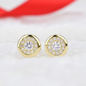 0.7ct Gold Stud Earrings, Bridal Earrings, Halo Earrings, Wedding Earrings,Man Made Diamond Simulant, Gift for her, Men&#39;s Earrings