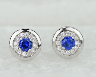 0.7 ct Sapphire Earrings, Blue Stud Earrings,Halo Earrings, Wedding Earrings,Lab Sapphires,Round Studs,Bridal Earrings,September Birthstone