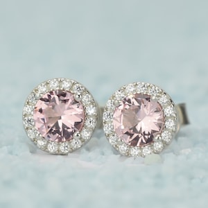 1.5ct Morganite Earrings, Pink Stud Earrings, Halo Earrings, Small Earrings, Morganite Studs,Bridal Earrings,Birthstone Earring,Silver Studs