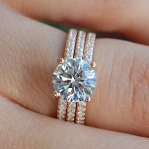 Conjunto de tres anillos nupciales rosas de 2,4 ct, conjunto de anillos de compromiso, anillo de promesa, conjunto de anillos de boda, anillo de apilamiento, anillo de solitario, diamante hecho por el hombre
