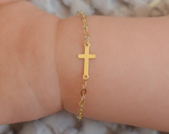 14k Solid Gold Baby Armband mit Kreuz Anhänger / Verstellbares Kleinkind Kind Armband für Kinder / Schutz Armband / Baby Shower Geschenk /Taufen