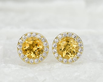 18k Gold Citrine Halo Stud Earrings, November Birthstone