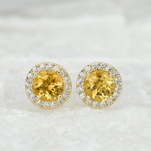 1.5ct 18k Gold Natural Citrine Earrings, Yellow Stud Earrings, Halo studs,Wedding Earrings,Bridal Earrings, Men's Earrings