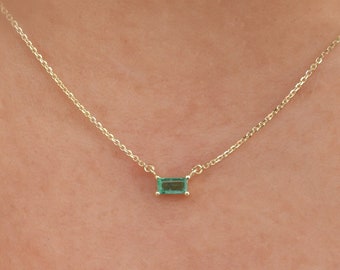 0.13ct 14k Solid Gold Baguette Natural Emerald, Sapphire, Ruby Necklace, 14k Emerald Pendant,Baguette Emerald,Dainty Necklace,May Birthstone