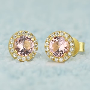 1.5ct 18k Gold Morganite Earrings, Pink Stud Earrings, Halo Earrings, Morganite Studs, Bridal Earrings, Birthstone Earring, Men&#39;s Earrings