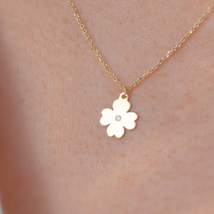 14k Solid Gold Diamant Klee Halskette, Gold Klee Anhänger, Irisches Geschenk, Minimalistisch Glücksbringer, Vierblättriges Kleeblatt, Geschenk Für Sie