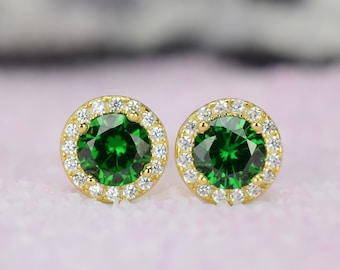 14k Solid Gold Emerald Earrings, May Birthstone, Green Stud Earrings, Halo Earrings, Wedding Earrings, Lab Emeralds, Bridal Earring