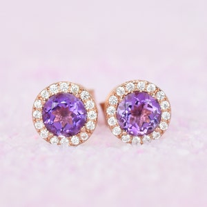 18k Rose Gold Natural Amethyst Earrings,Purple Stud Earrings,Anniversary Earrings,Halo Earrings,Wedding Earrings,Bridal Earrings