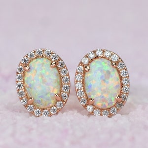 2 ct 18k Rose Opal Earrings, Oval Opal Stud Earrings, Halo Earrings, Wedding Earrings, October Birthstone, Opal Jewelry, Bridesmaids gift
