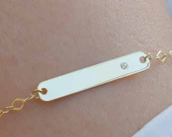 Bracciale con identificazione in oro massiccio 14k e diamanti / Bracciale con barra personalizzabile / Regalo per la mamma / Bracciale con nome da donna / Regalo per battesimo