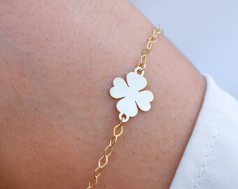 14k Solid Gold Clover Charm Bracelet, Engraving Bracelet, Irish Gift, Minimalistic Good Luck Charm, Four Leaf Clover, Gift For Her