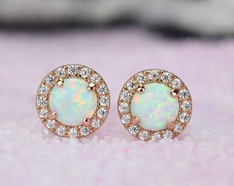 1.5 ct 18k Rose Gold Opal Earrings, Opal Stud Earrings, Halo Earrings, Wedding Earrings, October Birthstone,Bridal Earrings,Bridesmaids gift