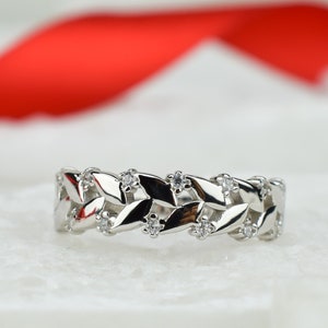 0.2 ct Wide Silver Leaf Ring, Silver Wedding Band, Promise Ring, Statement Ring, Silver Flower Ring,Art Deco Ring, Gift for her