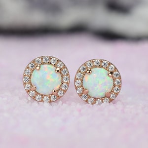 1.5 ct 18k Rose Gold Opal Earrings, Opal Stud Earrings, Halo Earrings, Wedding Earrings, October Birthstone,Bridal Earrings,Bridesmaids gift