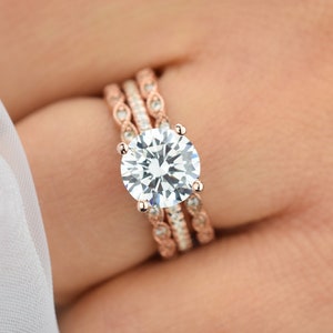 3ct Rose Gold Solitaire Three Ring Set,Wedding Ring Set,Promise Ring, Engagement Ring, Bridal Ring Set, Solitaire Ring, Art Deco Ring