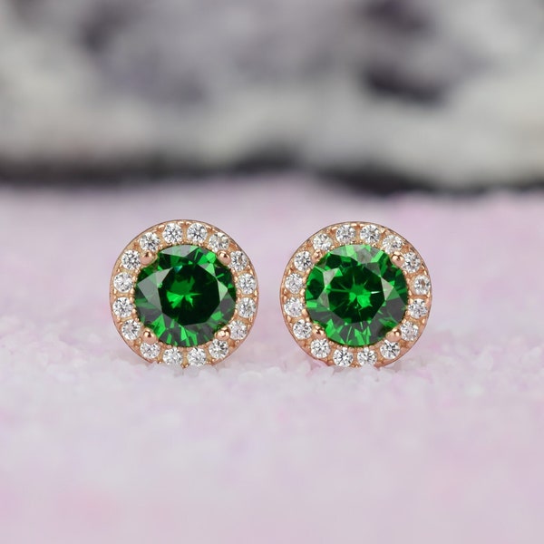 18k Rose Gold Emerald Earrings, Green Stud Earrings, Halo Wedding Earrings, Emerald Studs, Bridal Earring, May Birthstone, Men's Earrings