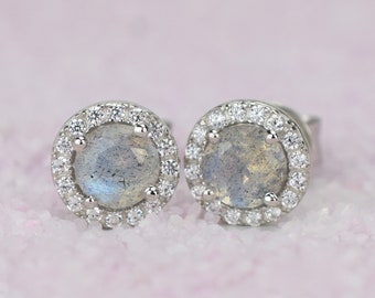 Sterling Silver Labradorite Earrings / Halo Earrings With Natural Gemstones / Labradorite Stud Earrings / Wedding Gift / Mothers Gift