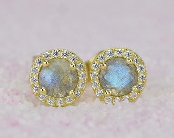 18k Gold Natural Labradorite Earrings / Halo Earrings With Natural Gemstones / Labradorite Stud Earrings / Wedding Gift / Mothers Gift