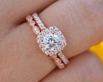 1ct Rose Gold Square Ring Set, Art Deco Ring, Bridal Ring Set, Engagement Ring Set, Promise Ring, Wedding Ring Set, Stacking Ring