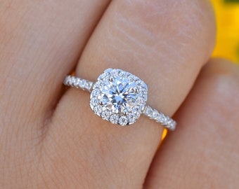 0.75 ct Square Halo Ring, Dainty Engagement Ring, Delicate Promise Ring, Wedding Ring, Man Made Diamond Simulant,Bridal Ring, Art Deco Ring