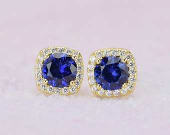 1.5 ct 18k Gold Sapphire Earrings, Blue Stud Earrings,Halo Earrings ,Lab Sapphires,Square Studs, Bridal Earrings, September Birthstone