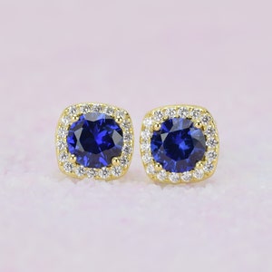 1.5 ct 18k Gold Sapphire Earrings, Blue Stud Earrings,Halo Earrings ,Lab Sapphires,Square Studs, Bridal Earrings, September Birthstone