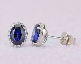 Pendientes de zafiro ovalado de plata de 2 ct, pendientes de botón azules, pendientes de halo, pendientes de botón ovalados, pendientes de novia, piedra natal de septiembre, pendientes para hombre