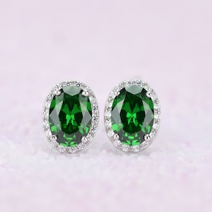 Sterling Silver Oval Emerald Earrings, May Birthstone, Green Stud Earring, Halo Earrings, Oval Stud, Emerald Studs, Bridal Earring