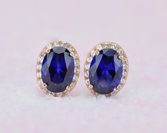 2 ct 18k Rose Gold Oval Sapphire Earrings, Blue Stud Earrings, Halo Earrings, Oval Studs,Bridal Earrings, September Birthstone,Mens Earrings