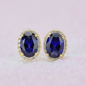 2 ct 18k Gold Oval Sapphire Earrings, Blue Stud Earrings, Halo Earrings, Oval Studs, Bridal Earrings, September Birthstone, Men&#39;s Earrings
