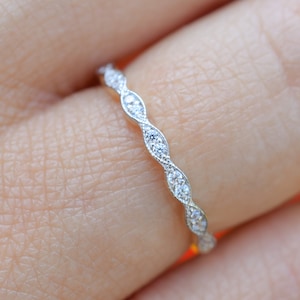14k Solid Gold Art Deco Band, 0.3 ct Half Eternity Band, Engagement Band,14k Wedding Band, Vintage Style Ring, Milgrain Ring, Stackable Ring