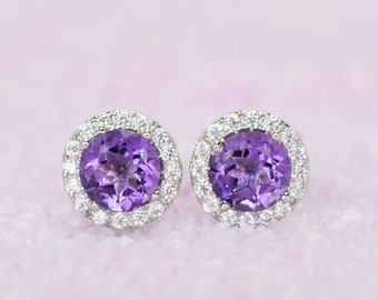 1.5ct Natural Amethyst Earrings, Purple Stud Earrings,Anniversary Earrings,Halo Earrings,Wedding Earrings,Round Studs,Bridal Earrings