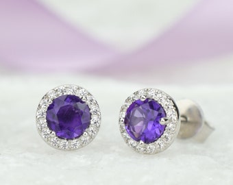 1.5ct Silver Natural Amethyst Earrings, Purple Stud Earrings,Anniversary Earrings,Halo Earrings,Wedding Earrings,Round Studs,Bridal Earrings