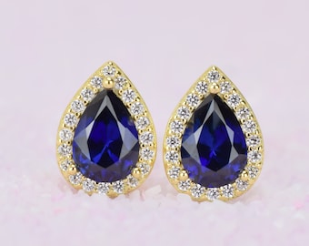 Pendientes de zafiro en forma de pera de oro de 18 k, pendientes de botón azules, pendientes de halo, pendientes de lágrima, pendientes de novia, piedra natal de septiembre, pendientes para hombre