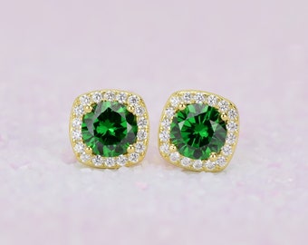 18k Gold Emerald Earrings, May Birthstone, Green Stud Earrings, Halo Earrings, Square Earrings,Emerald Studs, Bridal Earring, Men&#39;s Earrings