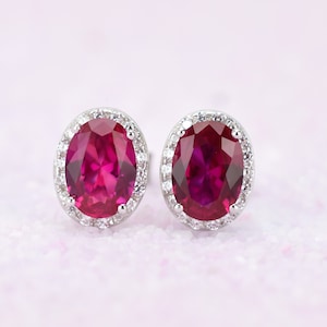 Sterling Silver Oval Ruby Stud Earrings, Red Stud Earrings, Gold Earrings, Halo Earrings, Wedding Earrings,Bridal Earrings, Diamond Earrings