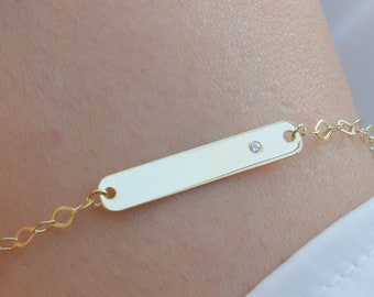 14k Solid Gold Diamond Baby Custom ID Bracelet / Personalizable Bar Bracelet / Baby Shower Gifts / Toddler Child Bracelet / Baptize gift
