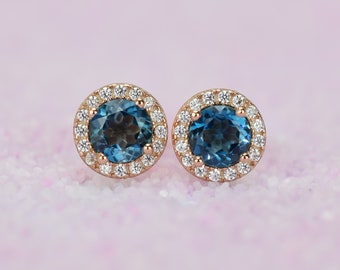 Boucles d’oreilles Topaz Bleu Londres 1,4 ct Rose Gold, Boucles d’oreilles Topaz, Boucles d’oreilles Gemstone, Boucles d’oreilles nuptiales, Pierre de naissance de novembre, Boucles d’oreilles pour hommes