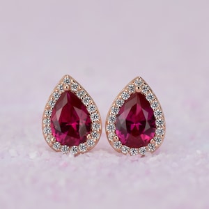 18k Rose Gold Pearshaped Ruby Earrings, Red Stud Earrings, Halo Earrings, Teardrop Earrings, Bridal Earring, Men's Earrings, Diamond Earring