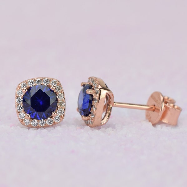 1,5 ct 18k Roségold Saphir Ohrringe, blaue Ohrstecker, Halo Ohrringe, quadratische Ohrstecker, Braut Ohrringe, September Birthstone