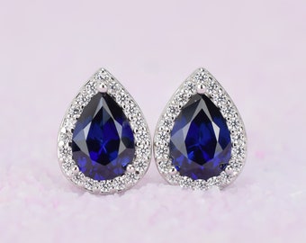 Pendientes de plata de ley con zafiro en forma de pera, pendientes de botón azules, pendientes de halo, pendientes de lágrima, pendientes de novia, piedra natal de septiembre