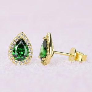 18k Gold Pear Shaped Emerald Earrings, May Birthstone, Green Earrings, Halo Earrings, Teardrop Stud, Emerald Studs, Bridal Earring