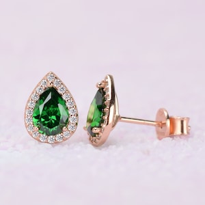 18k Rose Gold Pear shaped Emerald Earrings, May Birthstone, Green Earrings, Halo Earrings, Teardrop Emerald Studs, Bridal Earring