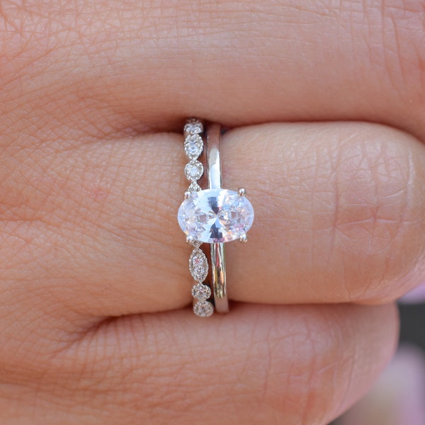 1ct Art Deco Oval Ring Set, Engagement Ring Set, Wedding Ring,Oval Ring, Bridal Ring Set,Promise Ring, Art Deco Ring, Diamond Simulant