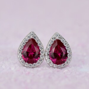 Sterling Silver Pearshaped Ruby Earrings, Red Stud Earrings, Gold Earrings, Halo Earrings,Teardrop Earrings, Bridal Earring, Diamond Earring