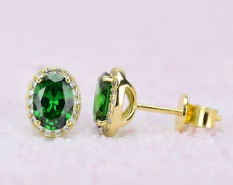 18k Gold Oval Emerald Earrings, May Birthstone, Green Stud Earring, Halo Earrings, Oval Stud, Emerald Studs, Bridal Earring, Men's Earrings