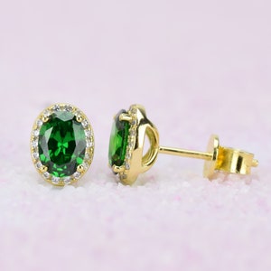 18k Gold Oval Emerald Earrings, May Birthstone, Green Stud Earring, Halo Earrings, Oval Stud, Emerald Studs, Bridal Earring, Men's Earrings