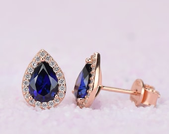 18k Rose Gold Pear Sapphire Earrings, Blue Stud Earrings, Halo Earrings, Lab Sapphires, Teardrop Studs,Bridal Earrings,September Birthstone